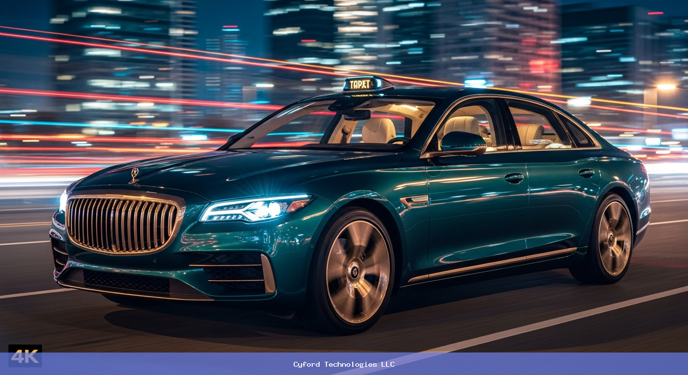 luxury rideshare vehicle modern city at night deep teal and gold accents premium lighting